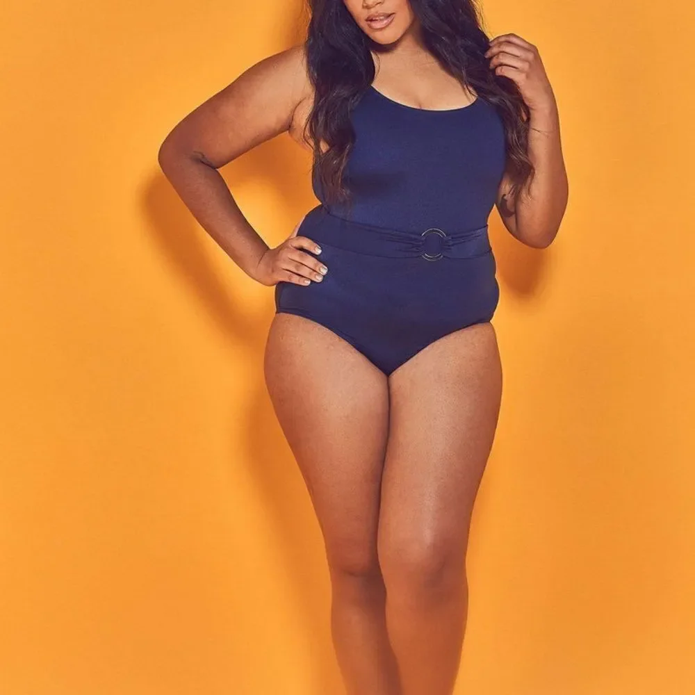 Wolf & Whistle Navy Belted Plunge Swimsuit Curve size 14